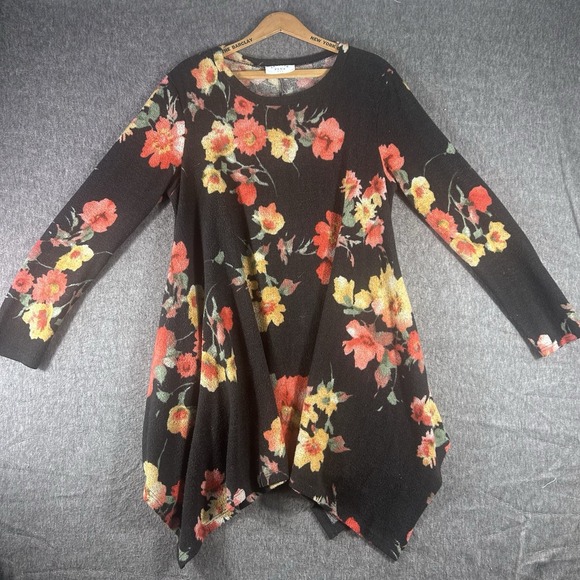 Janette Dress Women's Asymmetrical Hem Black Floral Plus Size 1X Made In USA - Picture 1 of 7